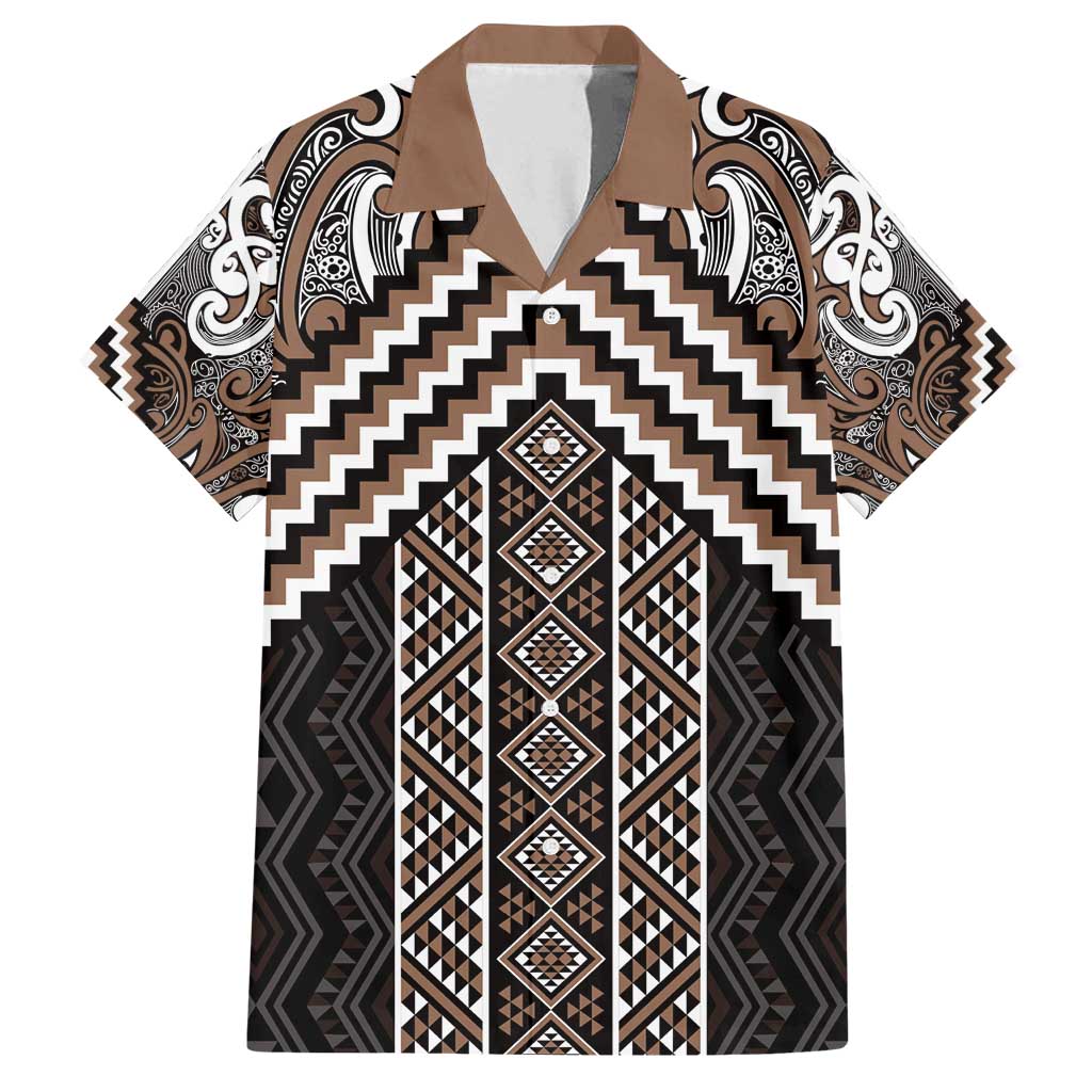Maori Tukutuku Taniko Motifs Family Matching Long Sleeve Bodycon Dress and Hawaiian Shirt Brown Poutama Mix Kowhaiwhai LT7 Dad's Shirt - Short Sleeve Brown - Polynesian Pride