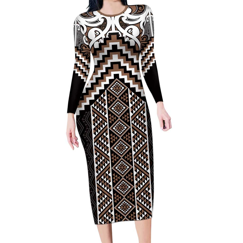 Maori Tukutuku Taniko Motifs Family Matching Long Sleeve Bodycon Dress and Hawaiian Shirt Brown Poutama Mix Kowhaiwhai LT7 Mom's Dress Brown - Polynesian Pride