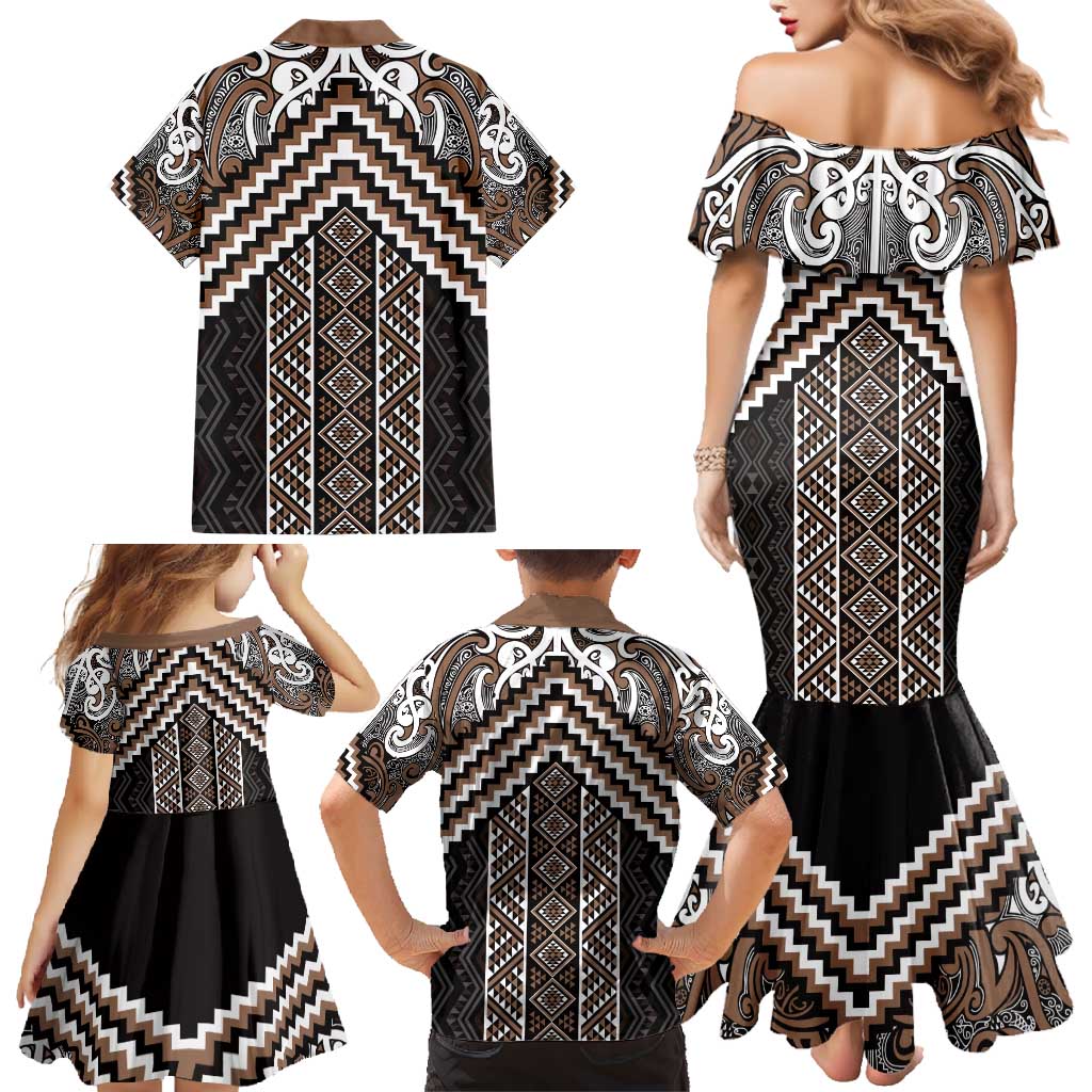 Maori Tukutuku Taniko Motifs Family Matching Mermaid Dress and Hawaiian Shirt Brown Poutama Mix Kowhaiwhai LT7 - Polynesian Pride