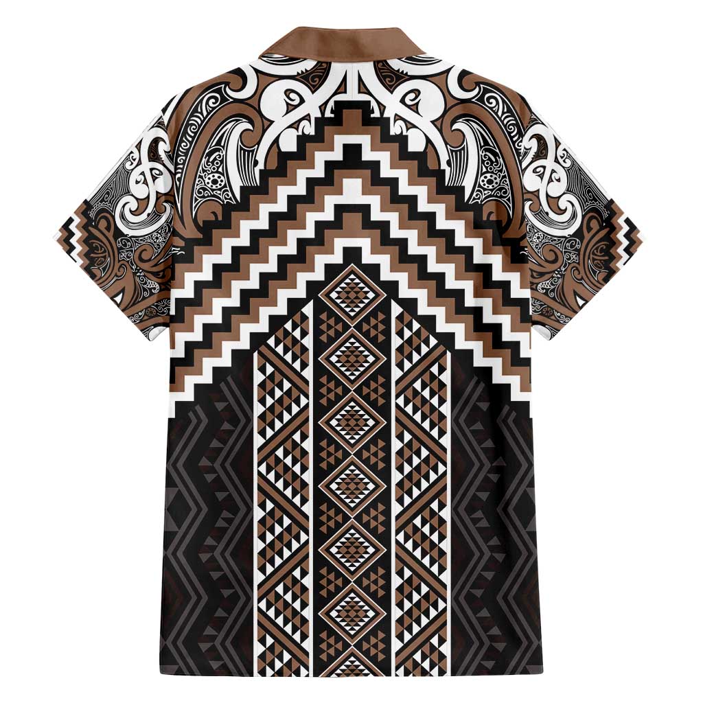 Maori Tukutuku Taniko Motifs Family Matching Off Shoulder Maxi Dress and Hawaiian Shirt Brown Poutama Mix Kowhaiwhai LT7 - Polynesian Pride
