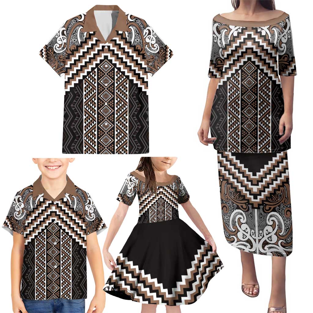 Maori Tukutuku Taniko Motifs Family Matching Puletasi and Hawaiian Shirt Brown Poutama Mix Kowhaiwhai LT7 - Polynesian Pride