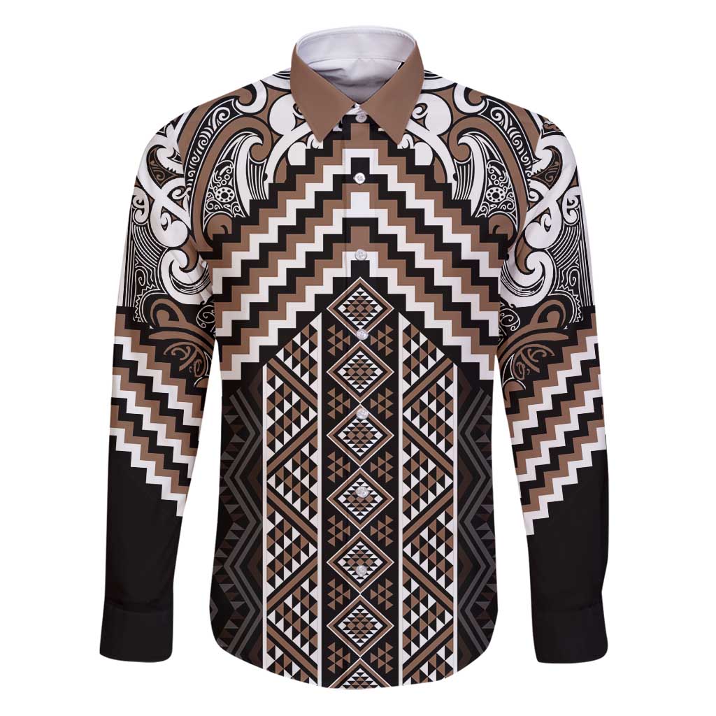 Maori Tukutuku Taniko Motifs Family Matching Puletasi and Hawaiian Shirt Brown Poutama Mix Kowhaiwhai LT7 Dad's Shirt - Long Sleeve Brown - Polynesian Pride