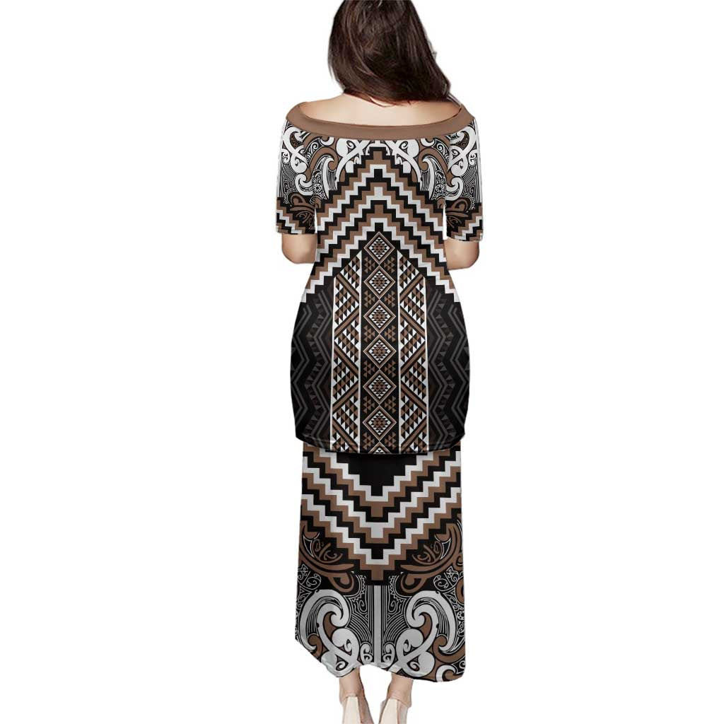 Maori Tukutuku Taniko Motifs Family Matching Puletasi and Hawaiian Shirt Brown Poutama Mix Kowhaiwhai LT7 - Polynesian Pride