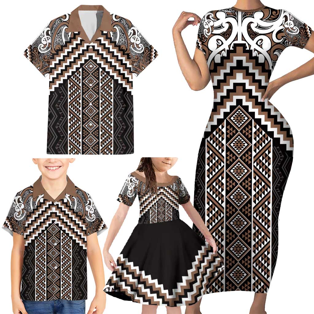 Maori Tukutuku Taniko Motifs Family Matching Short Sleeve Bodycon Dress and Hawaiian Shirt Brown Poutama Mix Kowhaiwhai LT7 - Polynesian Pride