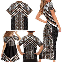 Maori Tukutuku Taniko Motifs Family Matching Short Sleeve Bodycon Dress and Hawaiian Shirt Brown Poutama Mix Kowhaiwhai LT7 - Polynesian Pride