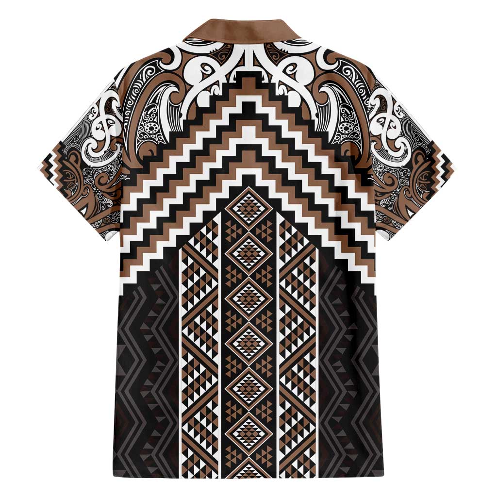 Maori Tukutuku Taniko Motifs Family Matching Short Sleeve Bodycon Dress and Hawaiian Shirt Brown Poutama Mix Kowhaiwhai LT7 - Polynesian Pride
