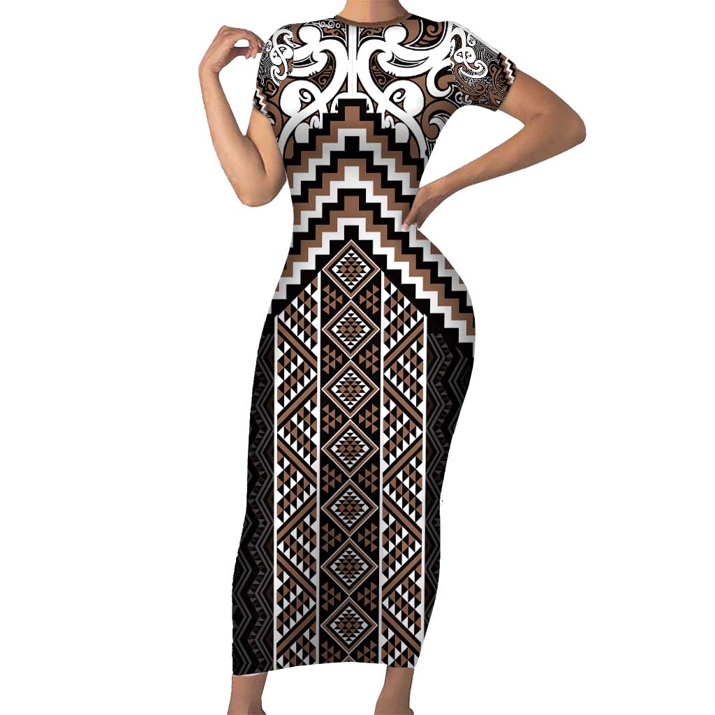 Maori Tukutuku Taniko Motifs Family Matching Short Sleeve Bodycon Dress and Hawaiian Shirt Brown Poutama Mix Kowhaiwhai LT7 Mom's Dress Brown - Polynesian Pride