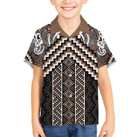 Maori Tukutuku Taniko Motifs Family Matching Short Sleeve Bodycon Dress and Hawaiian Shirt Brown Poutama Mix Kowhaiwhai LT7 Son's Shirt Brown - Polynesian Pride