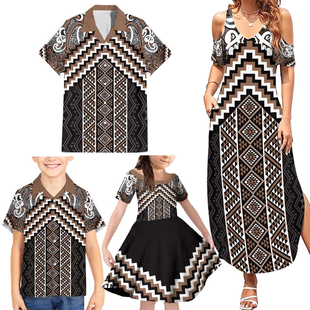 Maori Tukutuku Taniko Motifs Family Matching Summer Maxi Dress and Hawaiian Shirt Brown Poutama Mix Kowhaiwhai LT7 - Polynesian Pride
