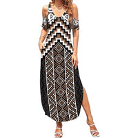 Maori Tukutuku Taniko Motifs Family Matching Summer Maxi Dress and Hawaiian Shirt Brown Poutama Mix Kowhaiwhai LT7 Mom's Dress Brown - Polynesian Pride