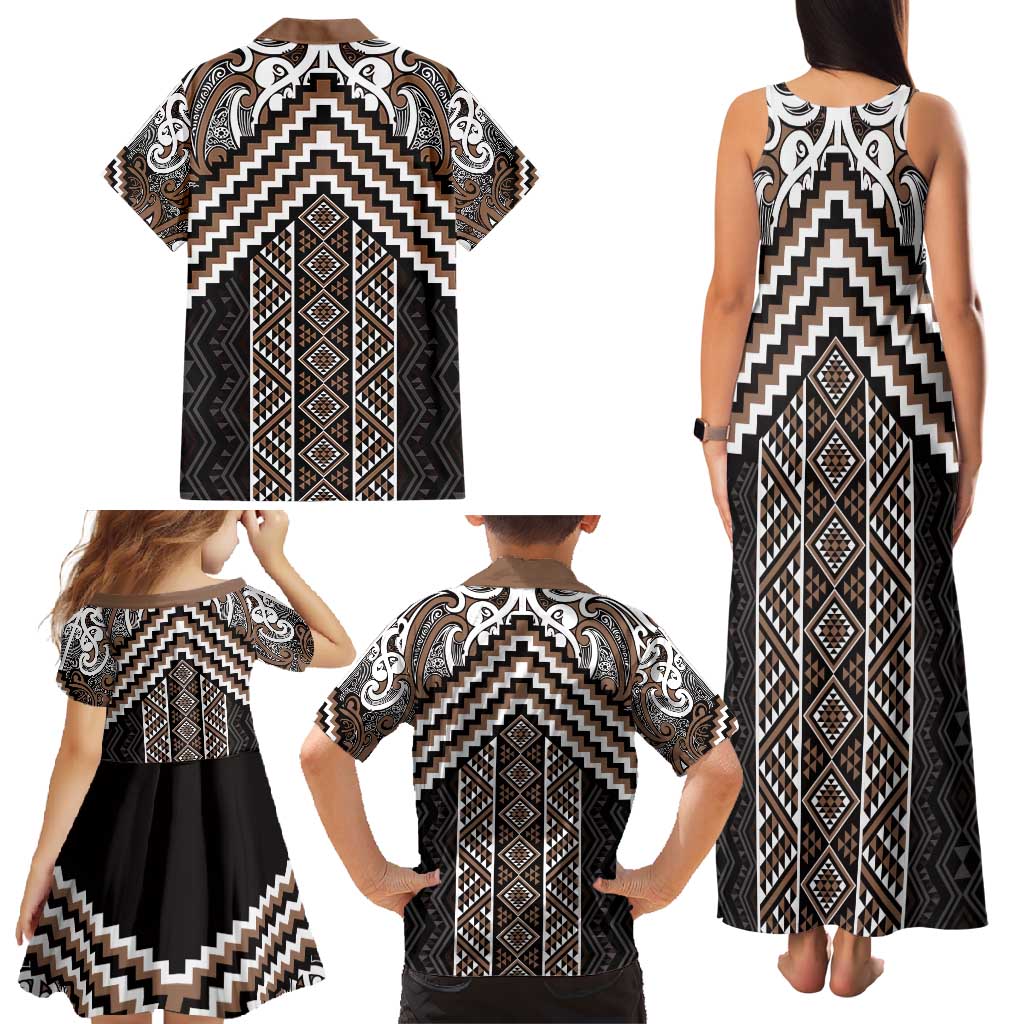 Maori Tukutuku Taniko Motifs Family Matching Tank Maxi Dress and Hawaiian Shirt Brown Poutama Mix Kowhaiwhai LT7 - Polynesian Pride