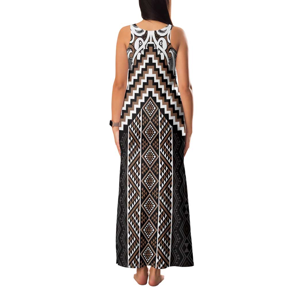 Maori Tukutuku Taniko Motifs Family Matching Tank Maxi Dress and Hawaiian Shirt Brown Poutama Mix Kowhaiwhai LT7 - Polynesian Pride