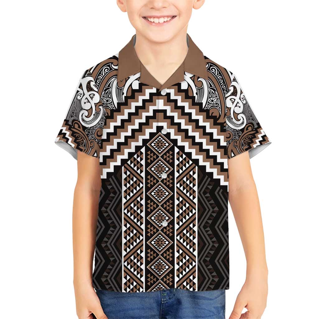 Maori Tukutuku Taniko Motifs Family Matching Tank Maxi Dress and Hawaiian Shirt Brown Poutama Mix Kowhaiwhai LT7 Son's Shirt Brown - Polynesian Pride