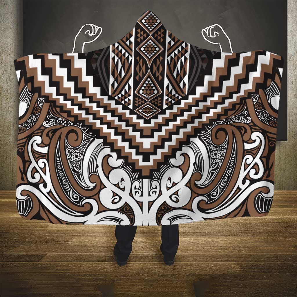 Maori Tukutuku Taniko Motifs Hooded Blanket Brown Poutama Mix Kowhaiwhai