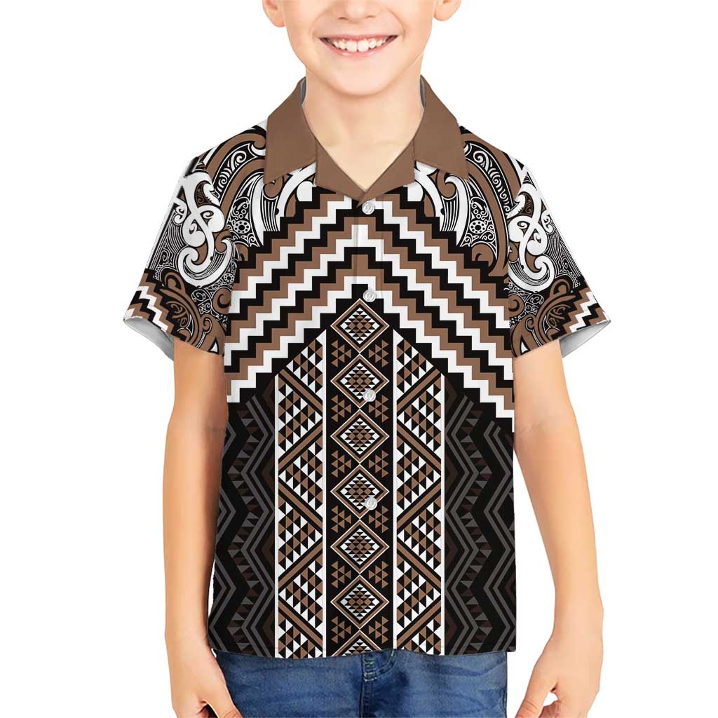 Maori Tukutuku Taniko Motifs Kid Hawaiian Shirt Brown Poutama Mix Kowhaiwhai LT7 Kid Brown - Polynesian Pride