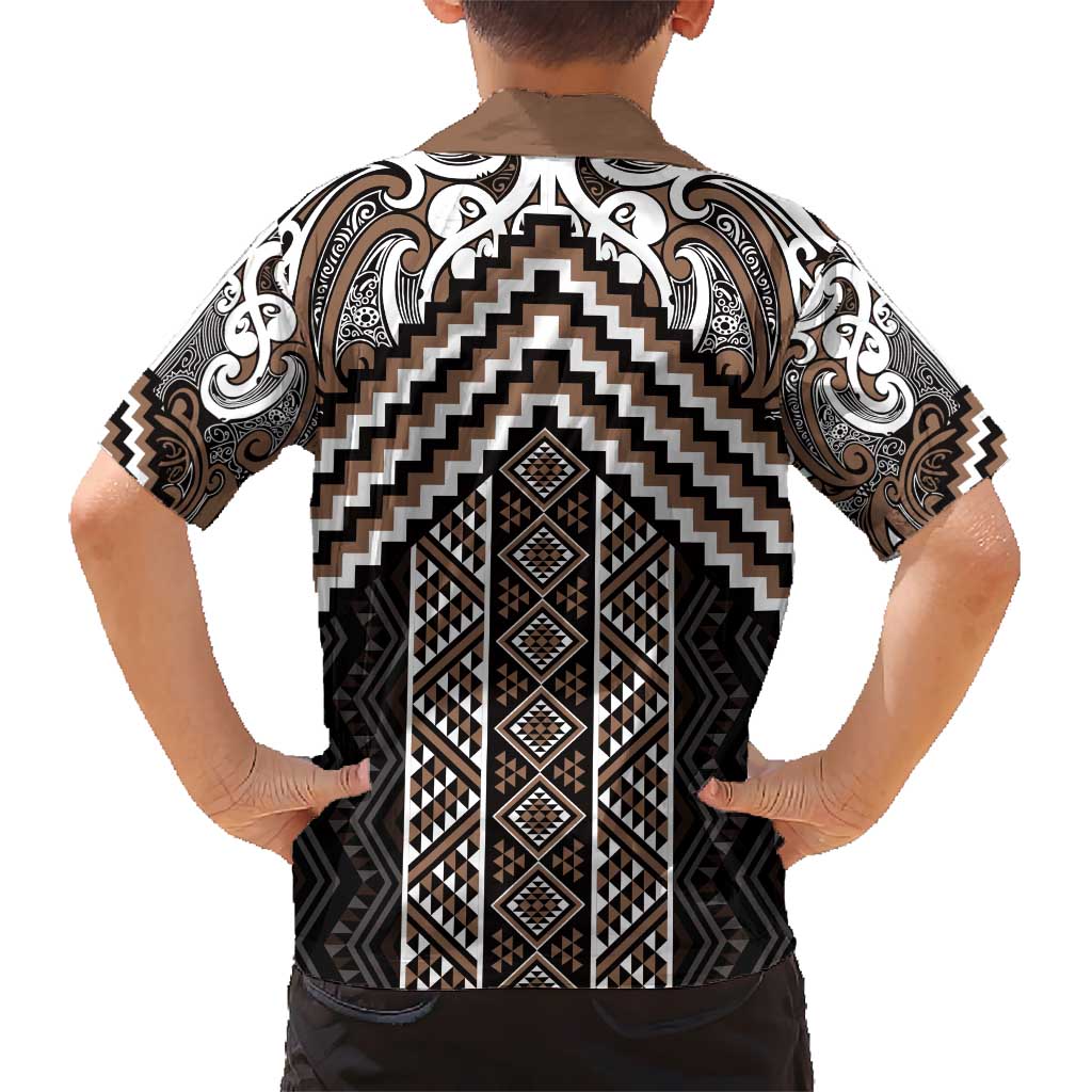 Maori Tukutuku Taniko Motifs Kid Hawaiian Shirt Brown Poutama Mix Kowhaiwhai