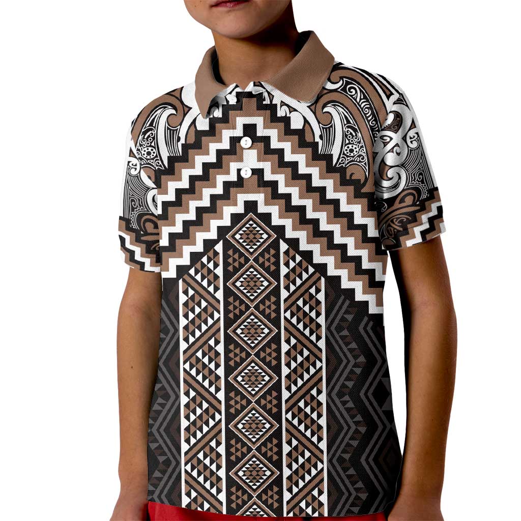 Maori Tukutuku Taniko Motifs Kid Polo Shirt Brown Poutama Mix Kowhaiwhai LT7 Kid Brown - Polynesian Pride
