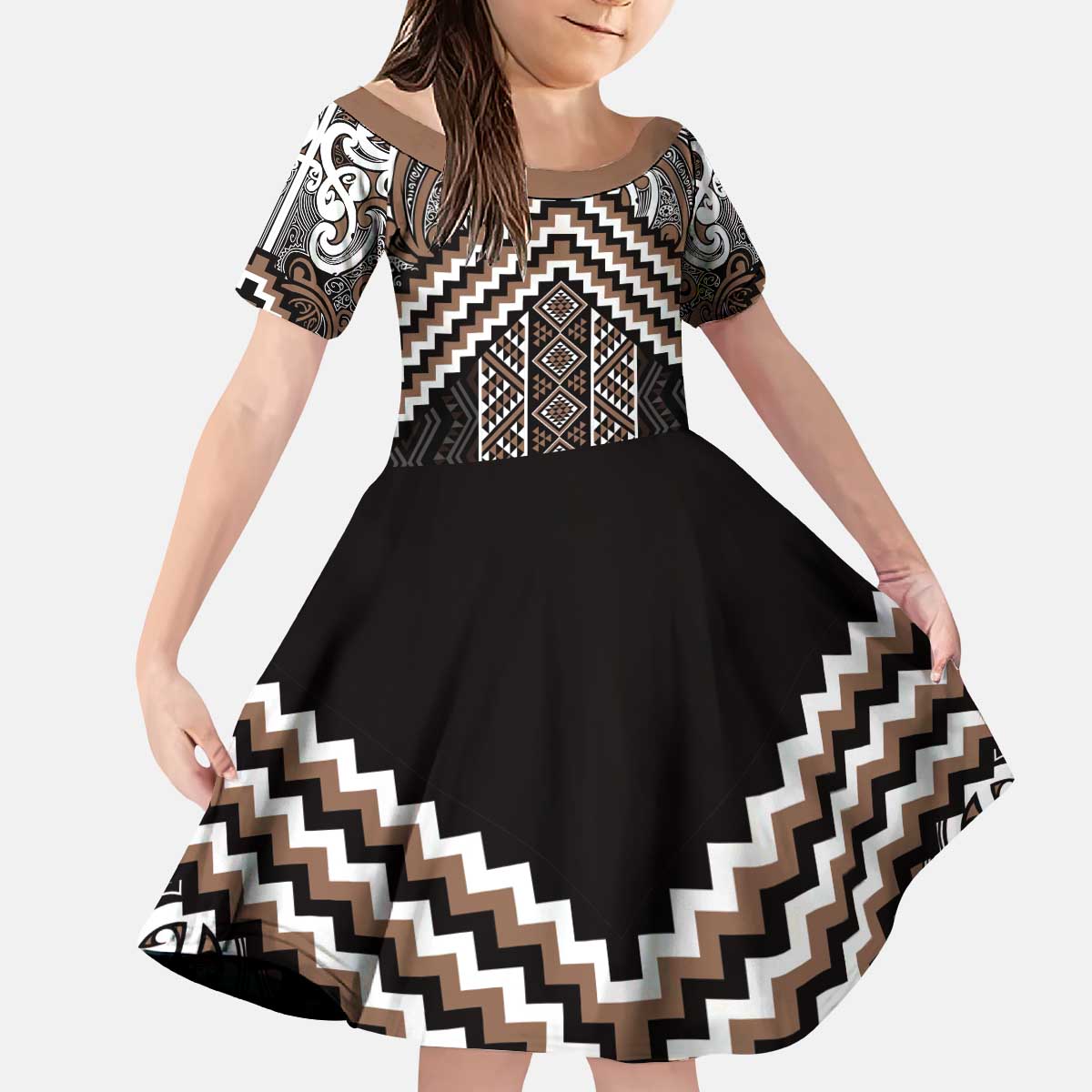 Maori Tukutuku Taniko Motifs Kid Short Sleeve Dress Brown Poutama Mix Kowhaiwhai