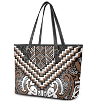 Maori Tukutuku Taniko Motifs Leather Tote Bag Brown Poutama Mix Kowhaiwhai LT7 - Polynesian Pride
