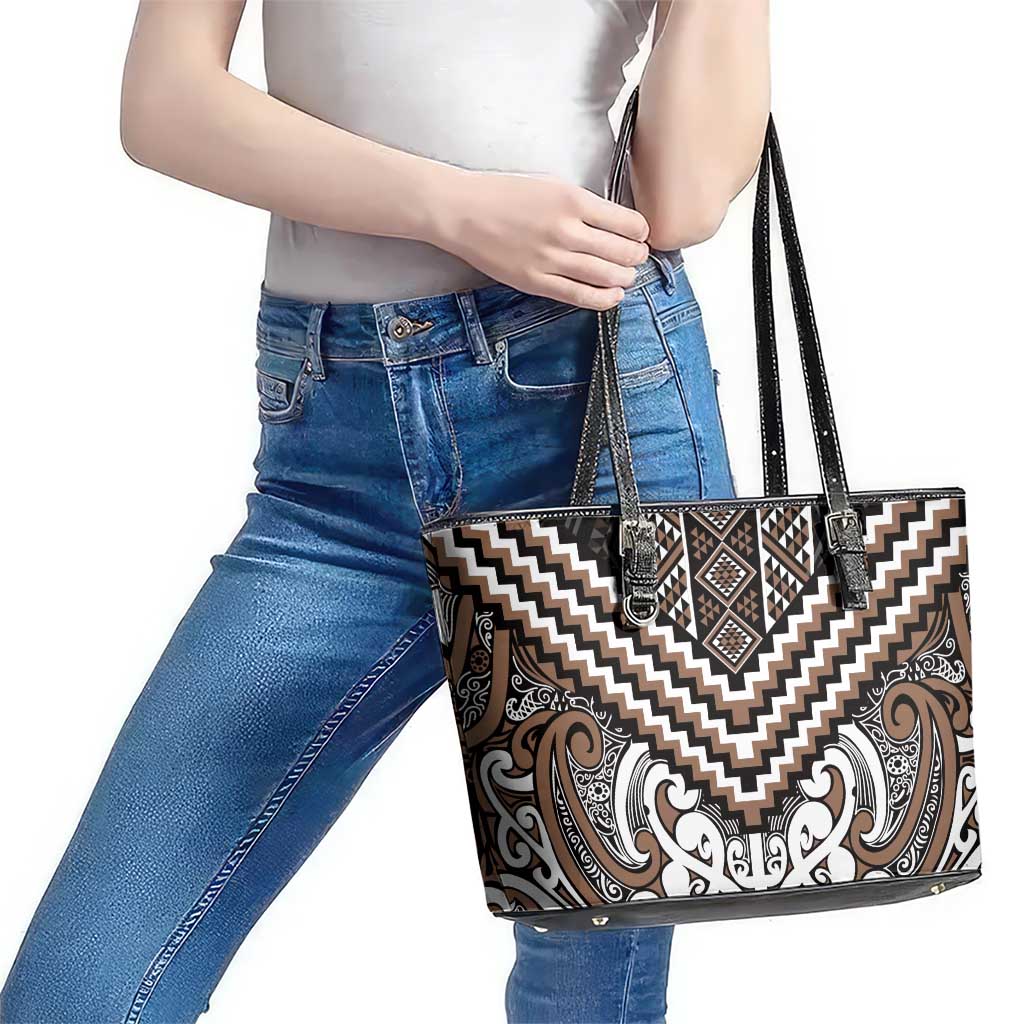 Maori Tukutuku Taniko Motifs Leather Tote Bag Brown Poutama Mix Kowhaiwhai LT7 - Polynesian Pride