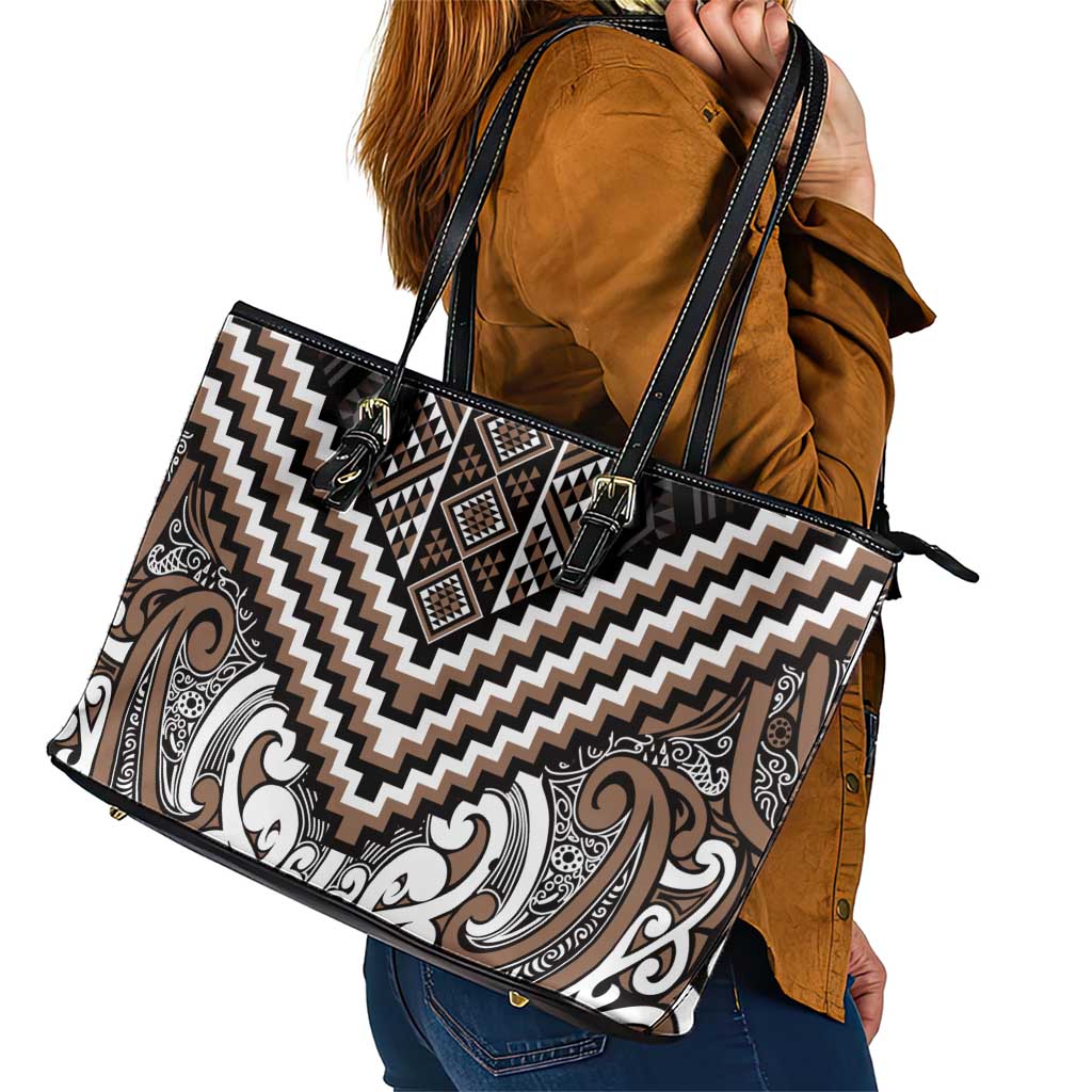 Maori Tukutuku Taniko Motifs Leather Tote Bag Brown Poutama Mix Kowhaiwhai LT7 - Polynesian Pride