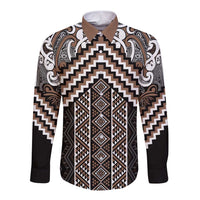 Maori Tukutuku Taniko Motifs Long Sleeve Button Shirt Brown Poutama Mix Kowhaiwhai LT7 Unisex Brown - Polynesian Pride