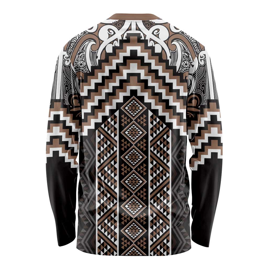 Maori Tukutuku Taniko Motifs Long Sleeve Shirt Brown Poutama Mix Kowhaiwhai LT7 - Polynesian Pride