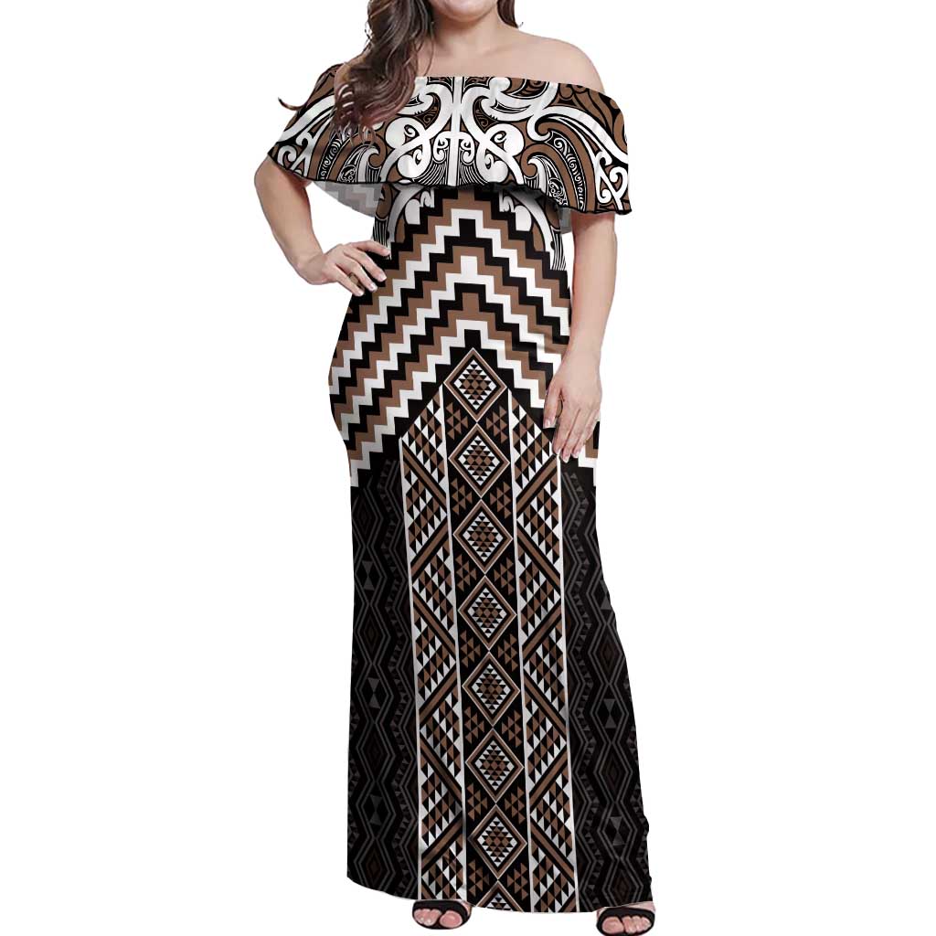 Maori Tukutuku Taniko Motifs Off Shoulder Maxi Dress Brown Poutama Mix Kowhaiwhai LT7 Women Brown - Polynesian Pride