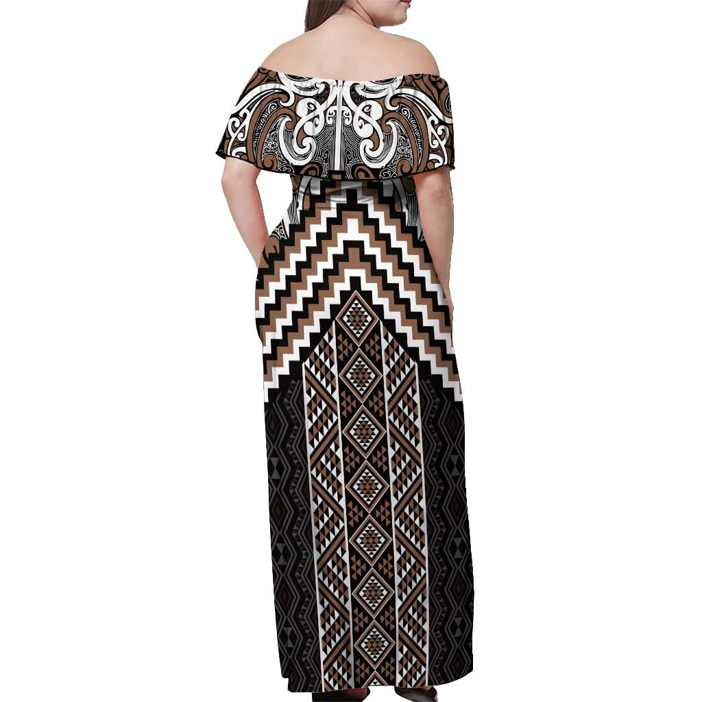 Maori Tukutuku Taniko Motifs Off Shoulder Maxi Dress Brown Poutama Mix Kowhaiwhai LT7 - Polynesian Pride
