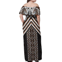 Maori Tukutuku Taniko Motifs Off Shoulder Maxi Dress Brown Poutama Mix Kowhaiwhai LT7 - Polynesian Pride