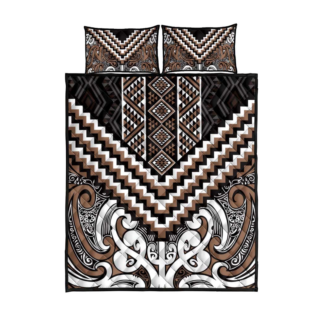 Maori Tukutuku Taniko Motifs Quilt Bed Set Brown Poutama Mix Kowhaiwhai
