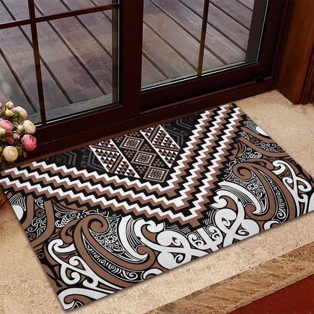 Maori Tukutuku Taniko Motifs Rubber Doormat Brown Poutama Mix Kowhaiwhai LT7 - Polynesian Pride