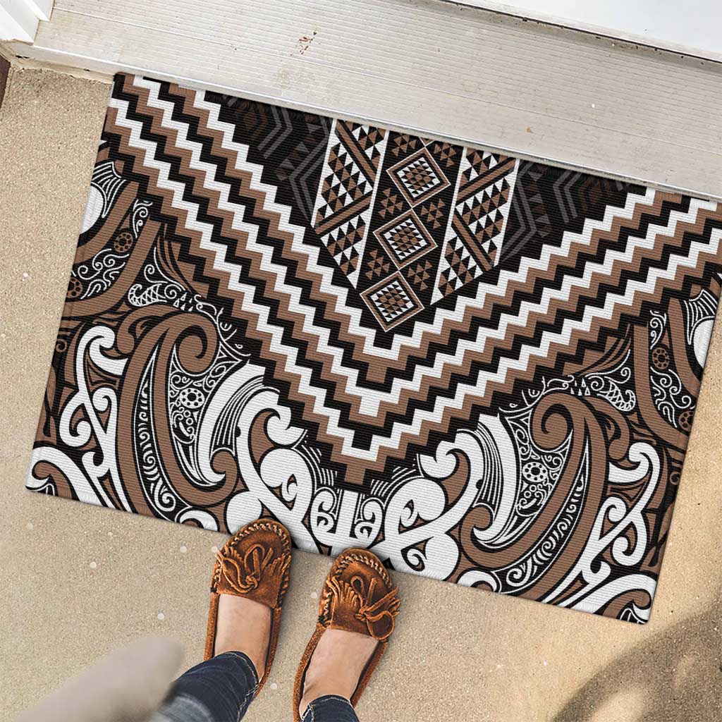 Maori Tukutuku Taniko Motifs Rubber Doormat Brown Poutama Mix Kowhaiwhai LT7 - Polynesian Pride