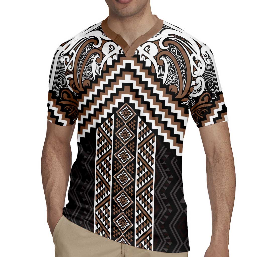 Maori Tukutuku Taniko Motifs Rugby Jersey Brown Poutama Mix Kowhaiwhai LT7 - Polynesian Pride