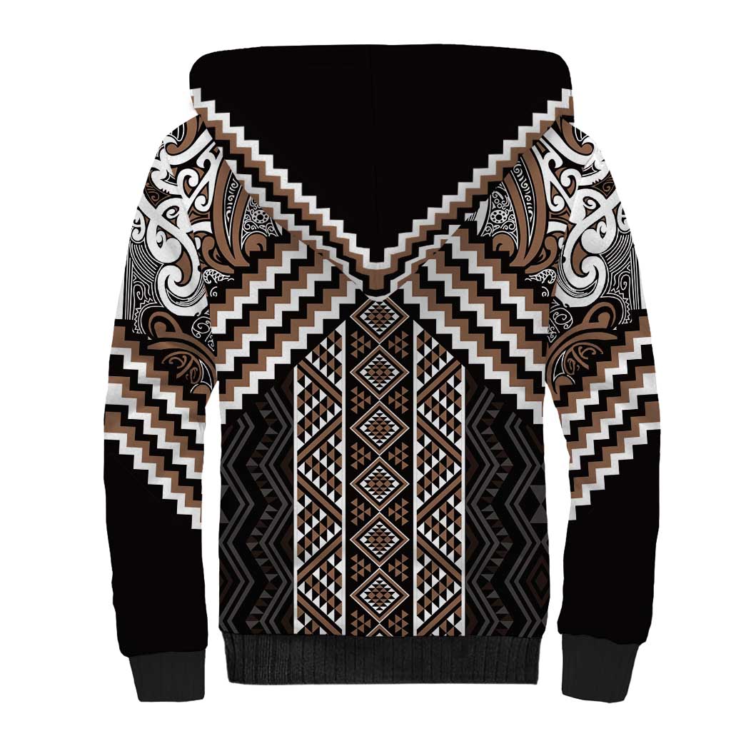 Maori Tukutuku Taniko Motifs Sherpa Hoodie Brown Poutama Mix Kowhaiwhai