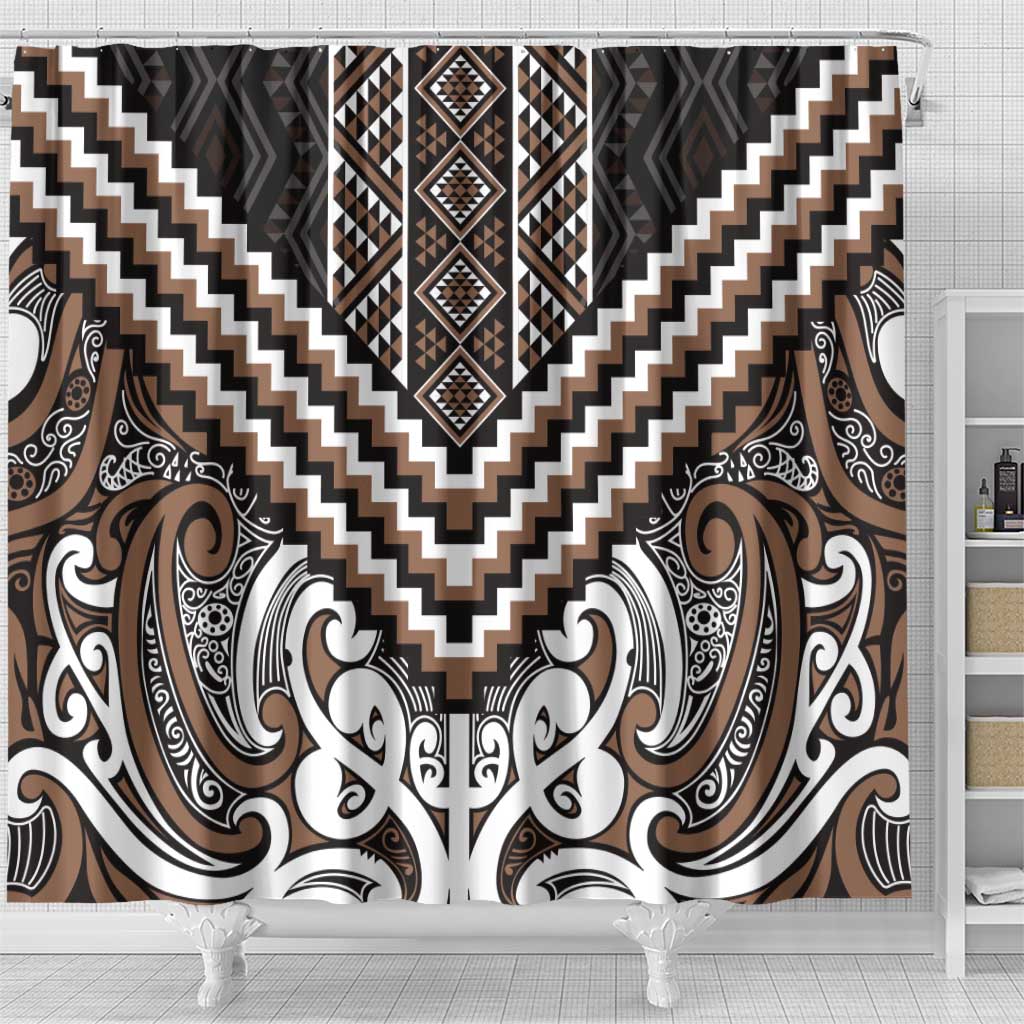 Maori Tukutuku Taniko Motifs Shower Curtain Brown Poutama Mix Kowhaiwhai
