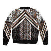 Maori Tukutuku Taniko Motifs Sleeve Zip Bomber Jacket Brown Poutama Mix Kowhaiwhai