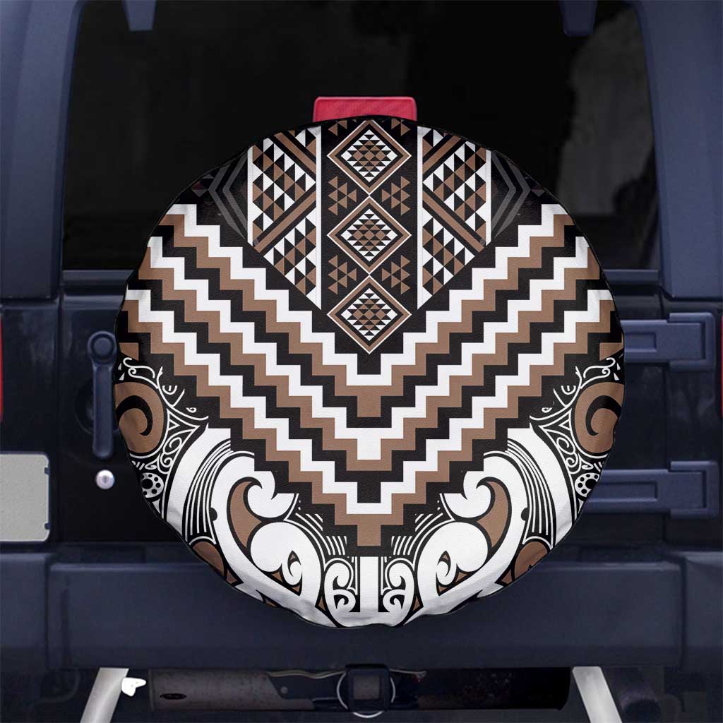 Maori Tukutuku Taniko Motifs Spare Tire Cover Brown Poutama Mix Kowhaiwhai