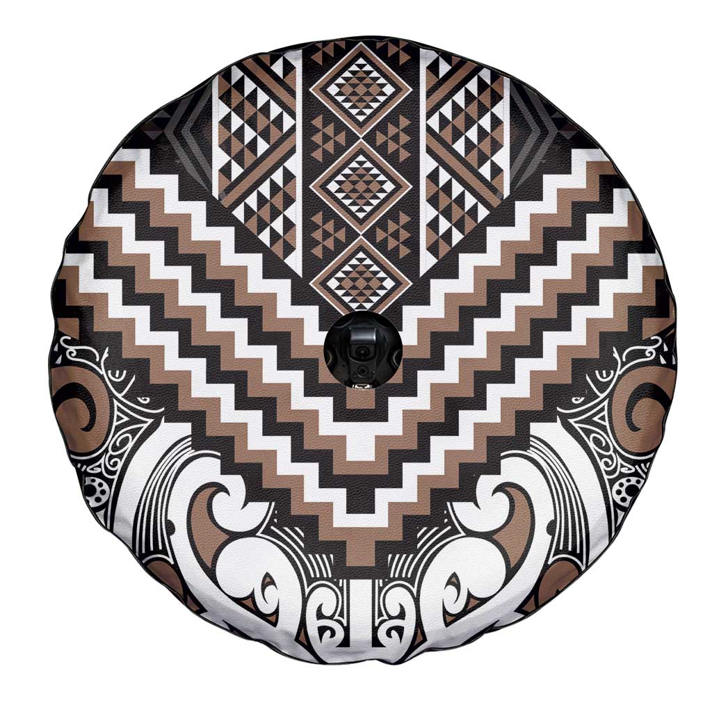 Maori Tukutuku Taniko Motifs Spare Tire Cover Brown Poutama Mix Kowhaiwhai