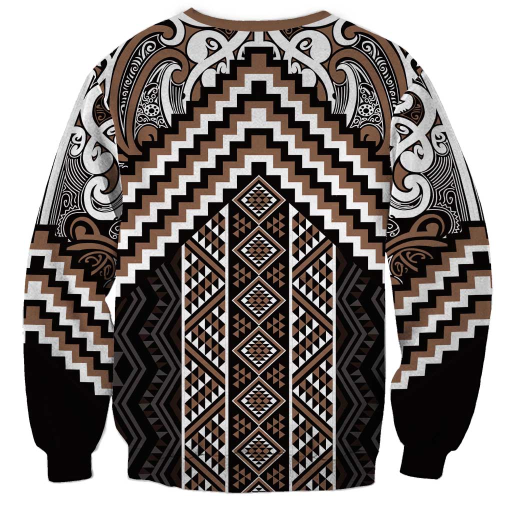 Maori Tukutuku Taniko Motifs Sweatshirt Brown Poutama Mix Kowhaiwhai