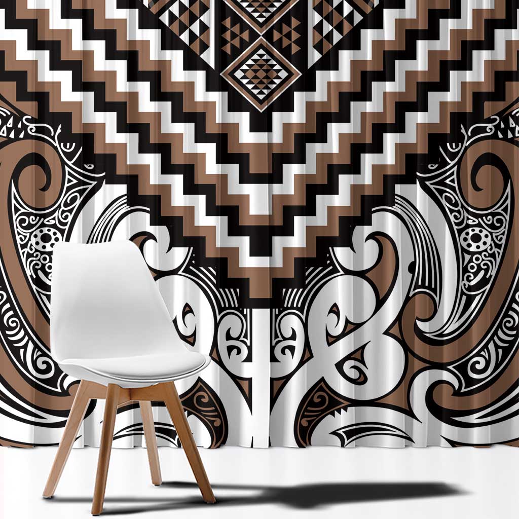 Maori Tukutuku Taniko Motifs Window Curtain Brown Poutama Mix Kowhaiwhai