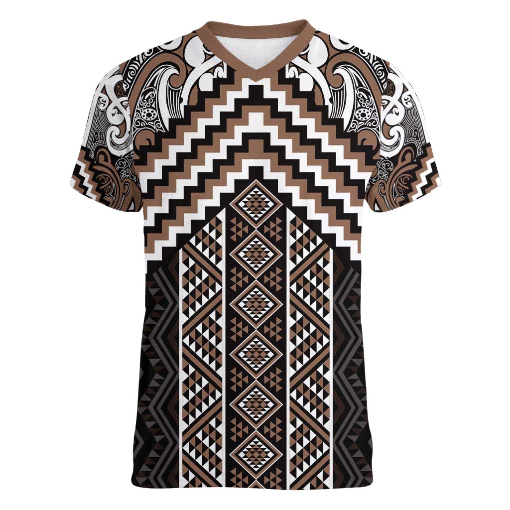 Maori Tukutuku Taniko Motifs Women V-Neck T-Shirt Brown Poutama Mix Kowhaiwhai LT7 Female Brown - Polynesian Pride