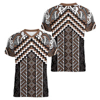 Maori Tukutuku Taniko Motifs Women V-Neck T-Shirt Brown Poutama Mix Kowhaiwhai LT7 - Polynesian Pride