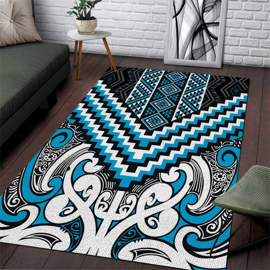 Maori Tukutuku Taniko Motifs Area Rug Turquoise Poutama Mix Kowhaiwhai