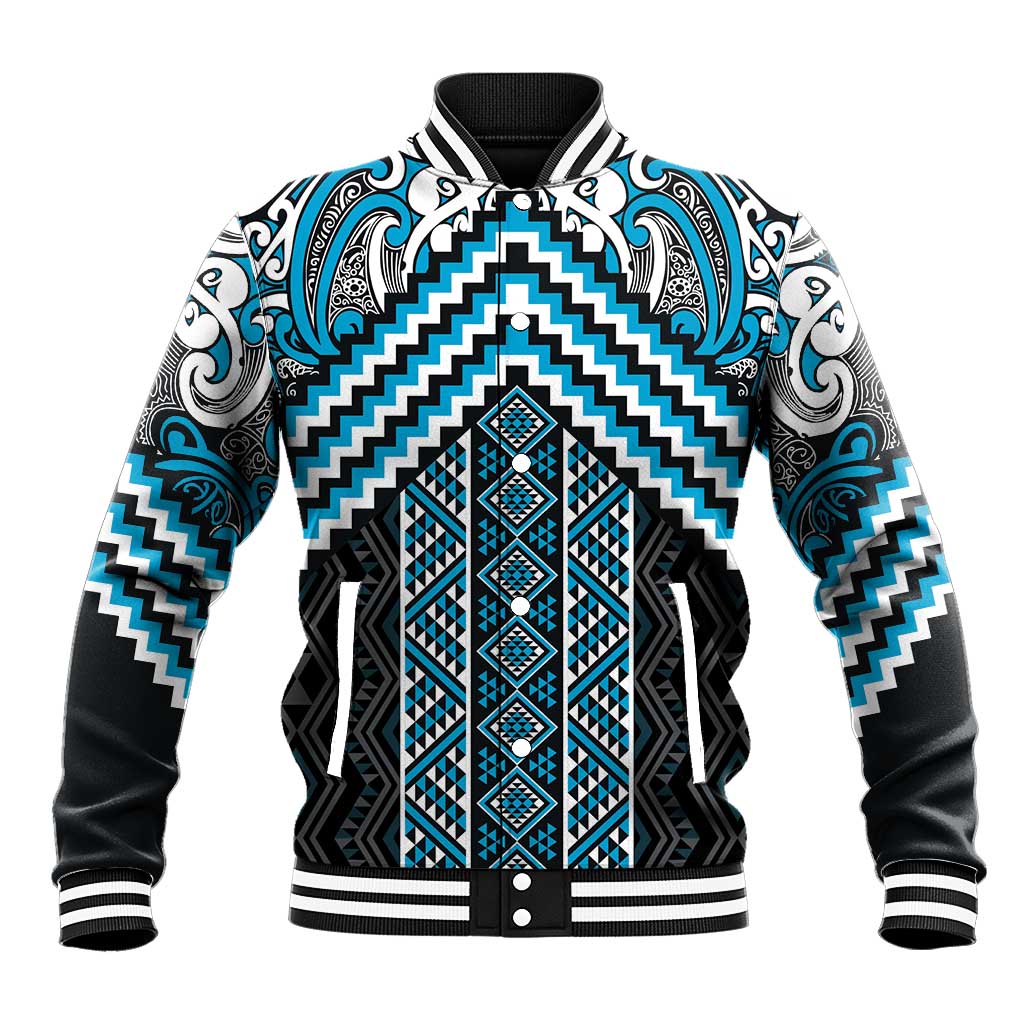 Maori Tukutuku Taniko Motifs Baseball Jacket Turquoise Poutama Mix Kowhaiwhai LT7 Unisex Turquoise - Polynesian Pride