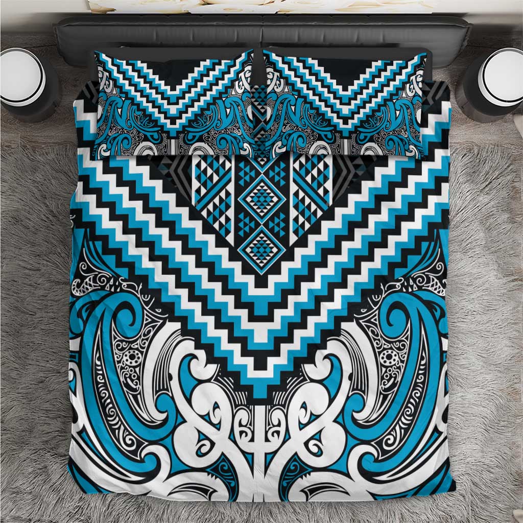 Maori Tukutuku Taniko Motifs Bedding Set Turquoise Poutama Mix Kowhaiwhai