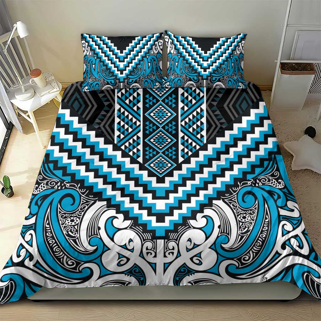 Maori Tukutuku Taniko Motifs Bedding Set Turquoise Poutama Mix Kowhaiwhai