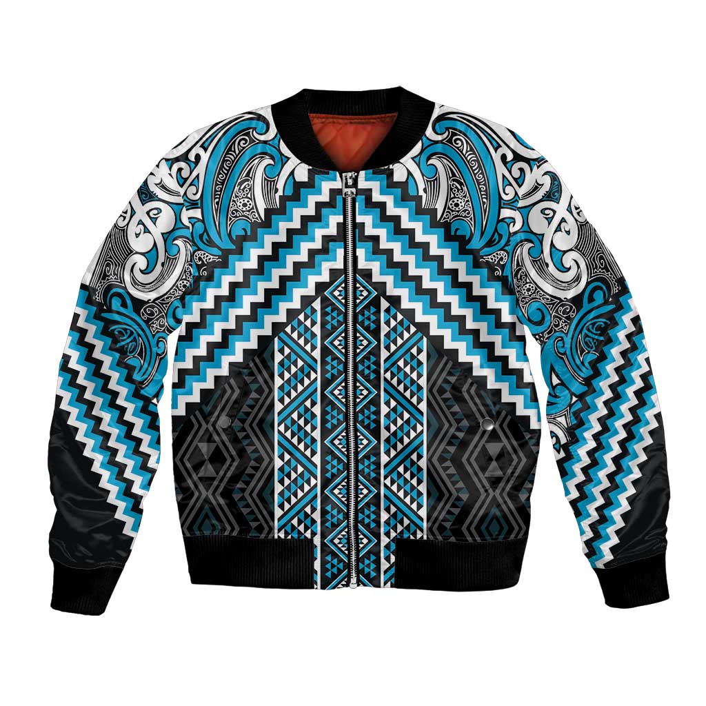 Maori Tukutuku Taniko Motifs Bomber Jacket Turquoise Poutama Mix Kowhaiwhai
