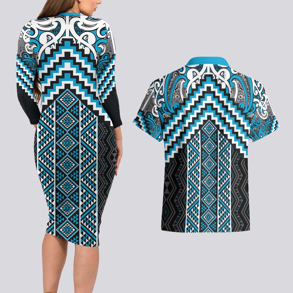 Maori Tukutuku Taniko Motifs Couples Matching Long Sleeve Bodycon Dress and Hawaiian Shirt Turquoise Poutama Mix Kowhaiwhai LT7 - Polynesian Pride