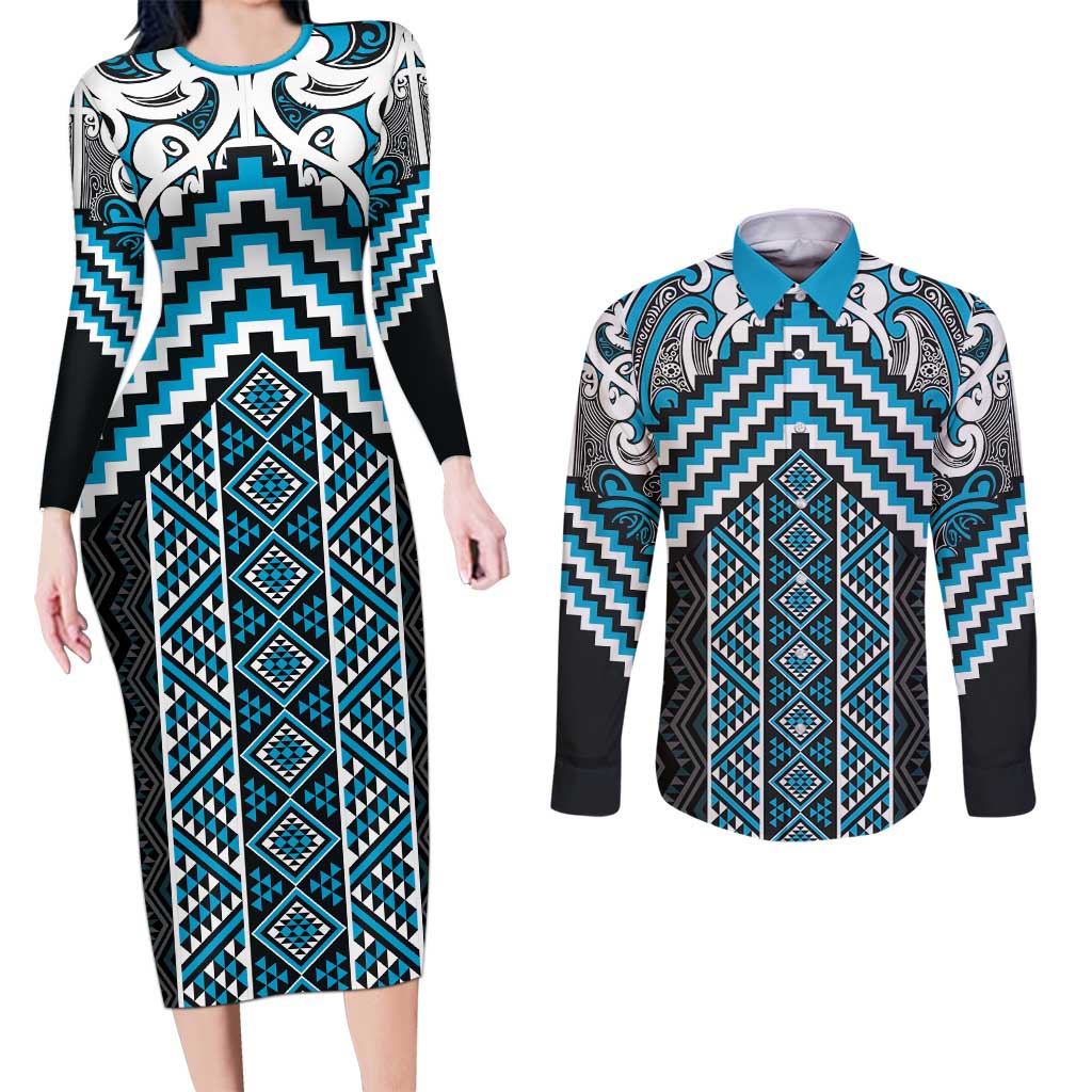Maori Tukutuku Taniko Motifs Couples Matching Long Sleeve Bodycon Dress and Long Sleeve Button Shirt Turquoise Poutama Mix Kowhaiwhai LT7 Turquoise - Polynesian Pride